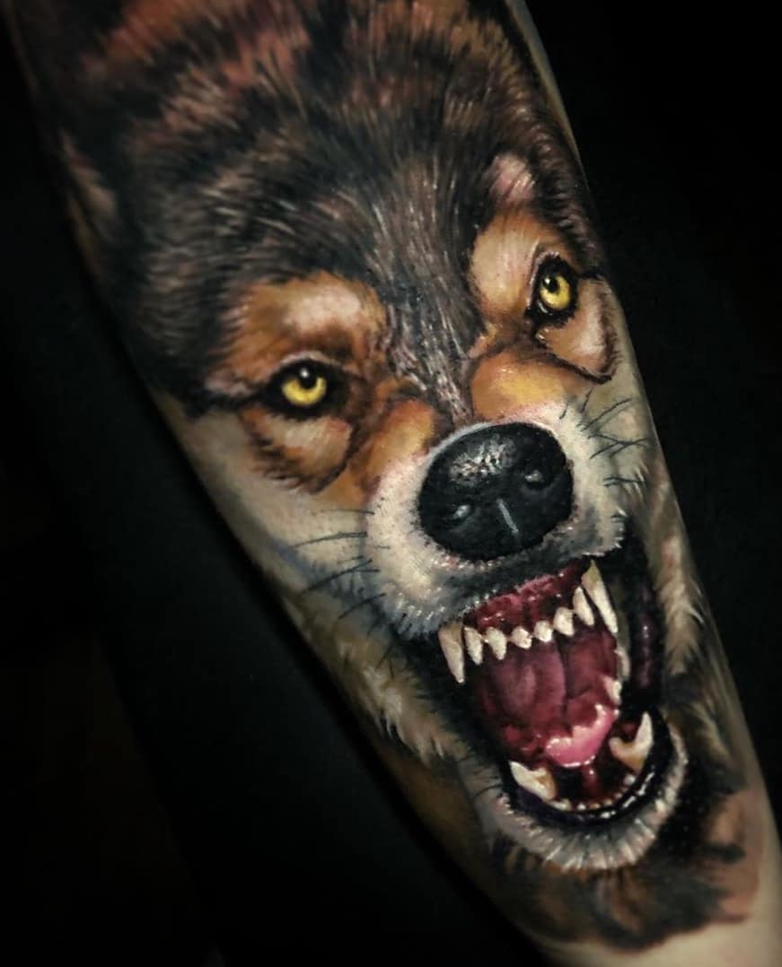 Old School Wolf Neck Tattoo by Philip Yarnell
