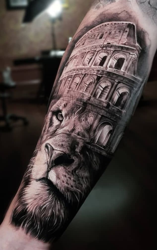 Black And Grey Lion Tattoo