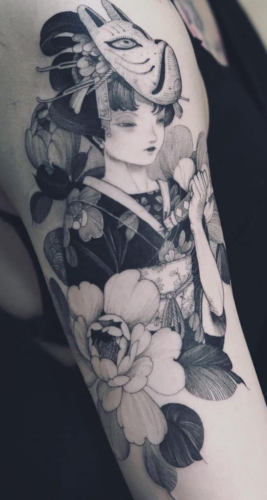 Black and Grey Geisha Tattoo