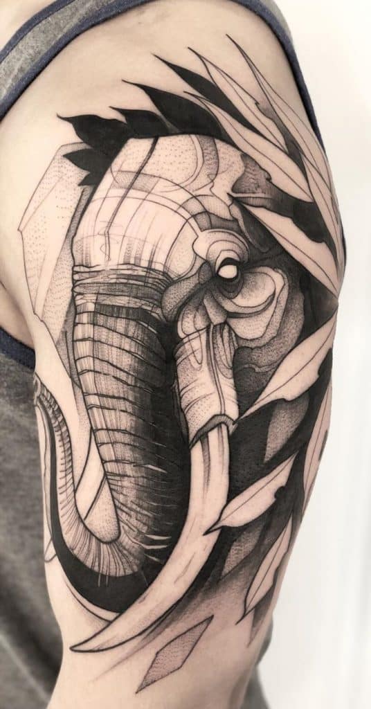 Black-work Elephant Head Tattoo