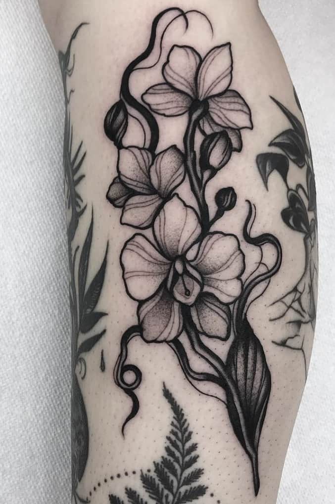 Black-work Orchid Tattoo