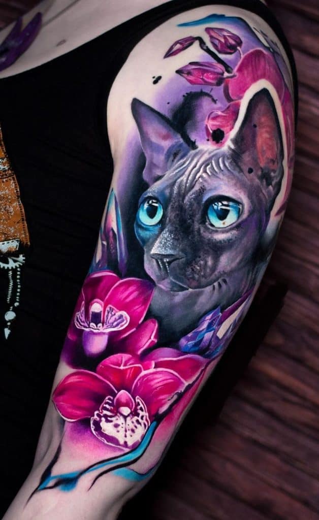 Cat Tattoo with Flower Tattoo