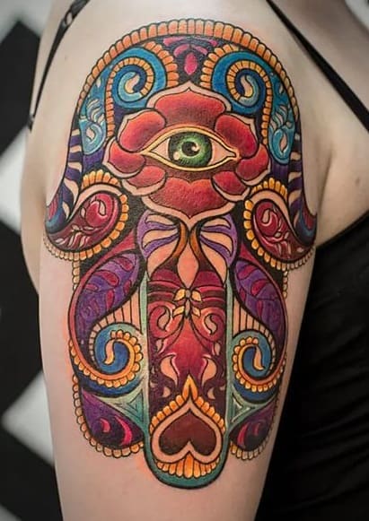 Colorful Hamsa Tattoo