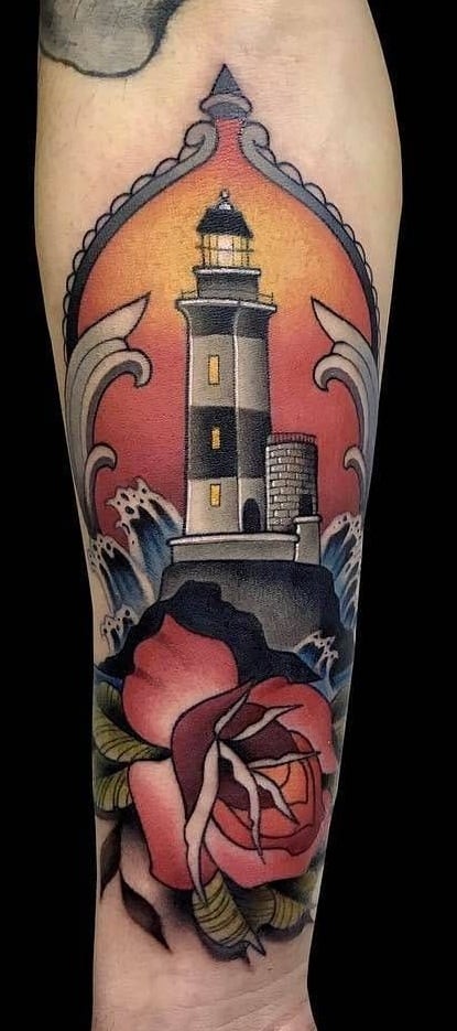 Lighthouse and Rose Tattoo