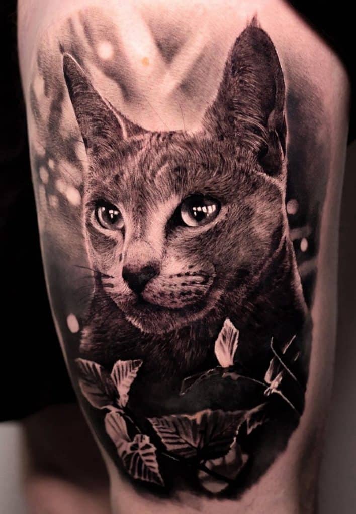 Realistic Black & Grey Cat Tattoo