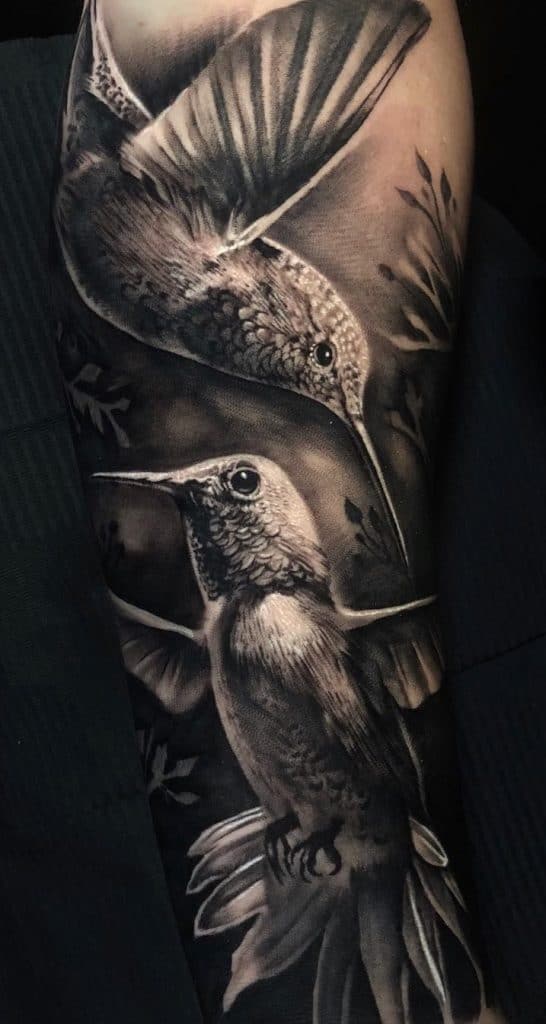 Realistic Black and Grey Hummingbird Tattoo
