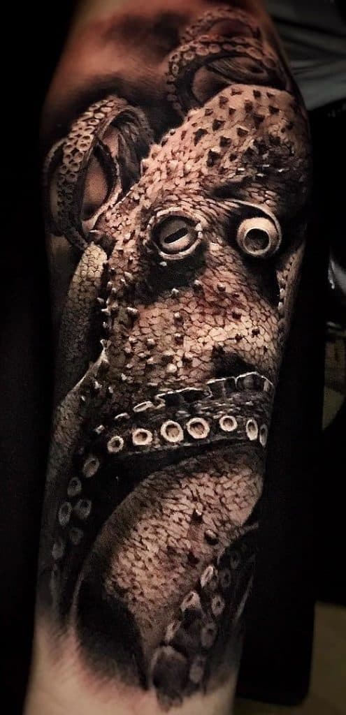 Realistic Black and Grey Octopus Tattoo