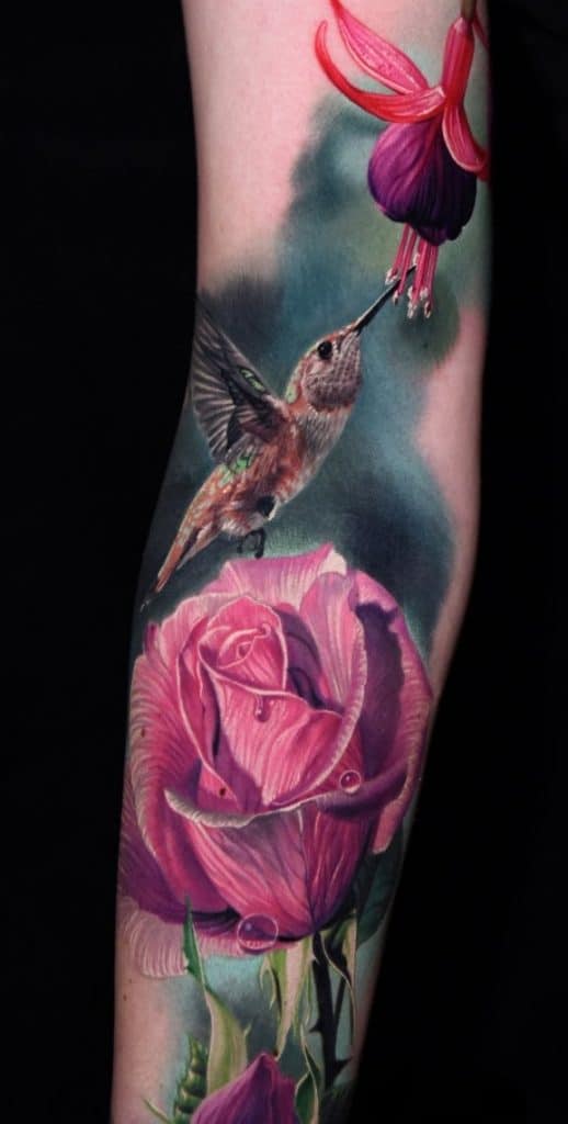 Rose Tattoo With Hummingbird Tattoo