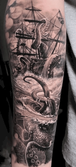 Ship and Octopus Tattoo