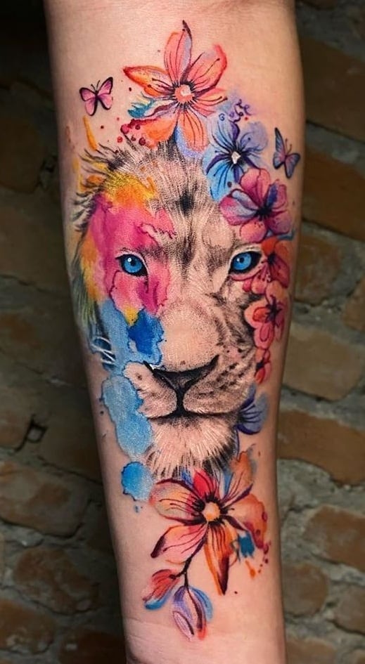 Flower and Lion Tattoos