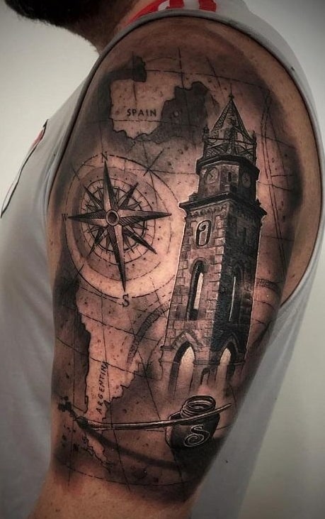 Black and Grey Compass Tattoo