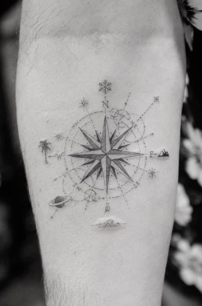 Fine Line Compass Tattoo