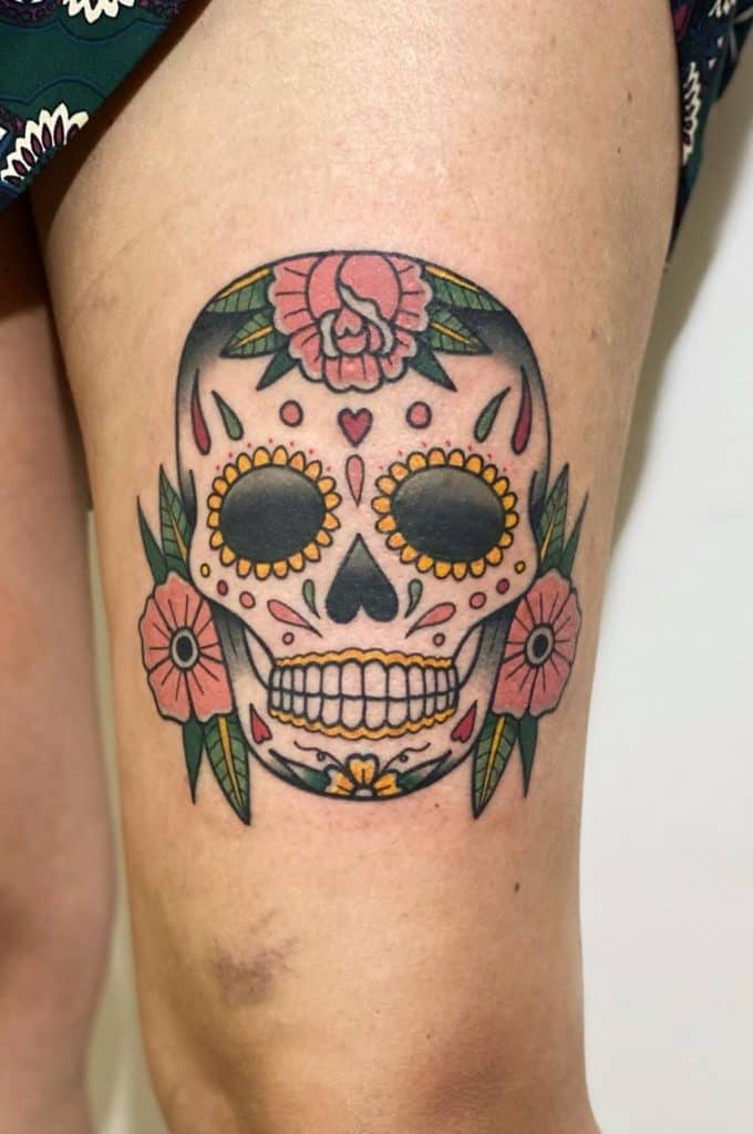 Sugar Skull Tattoo on Thigh