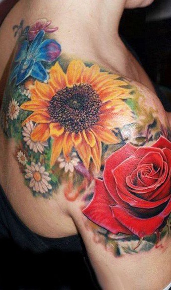 Sunflower Tattoo on Shoulder 