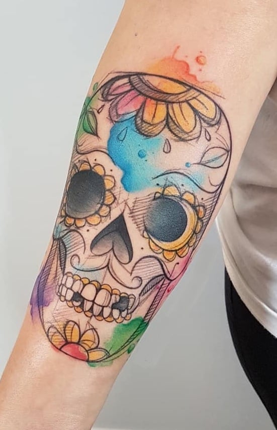 Watercolor Sugar Skull Tattoo