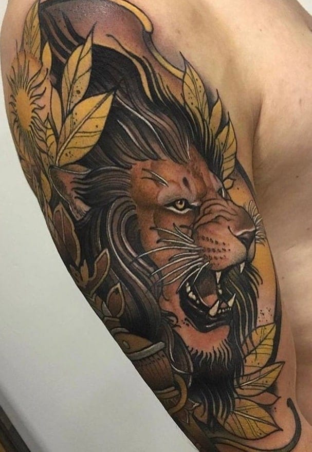 Neo-traditional Lion Tattoo.