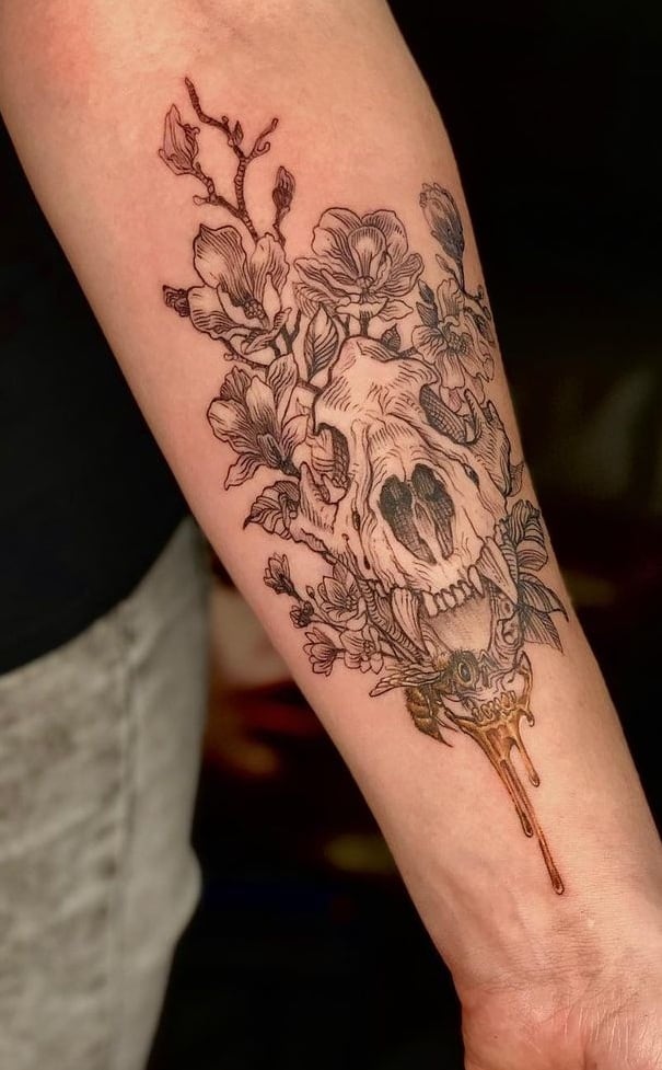 Bear Skull Tattoo with Flower Tattoo