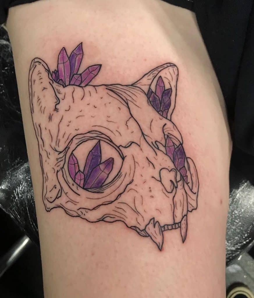 Cat Skull Tattoo with Crystal Tattoo