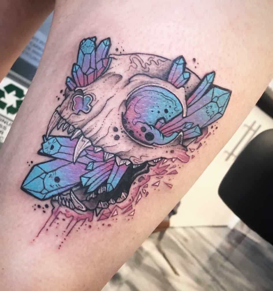 Cat Skull Tattoo with Crystal Tattoo