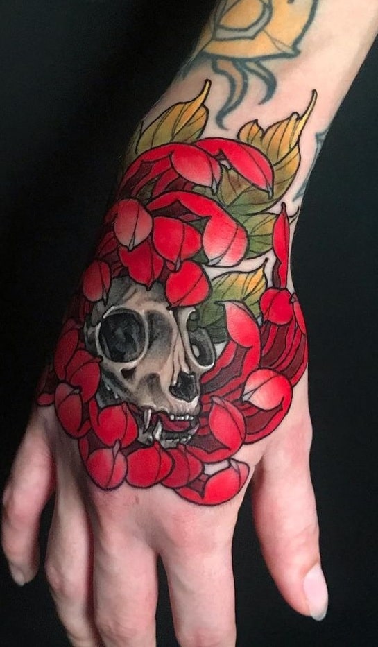 Cat Skull Tattoo with Flowers