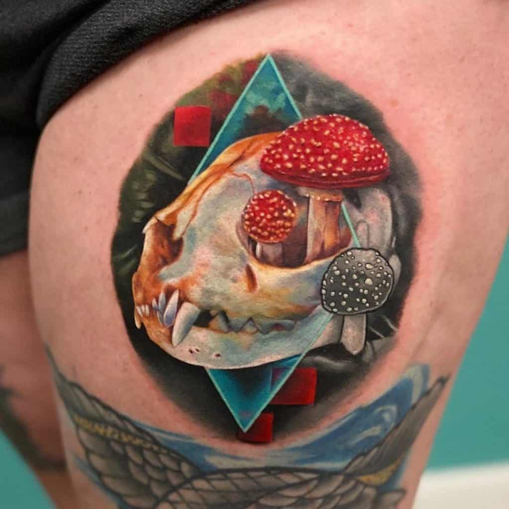 Cat Skull Tattoo with Mushrooms