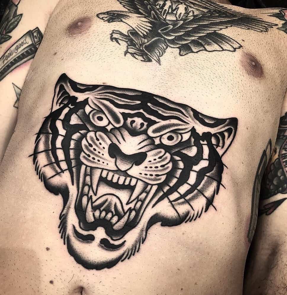 Black and Grey Traditional Tiger Tattoo