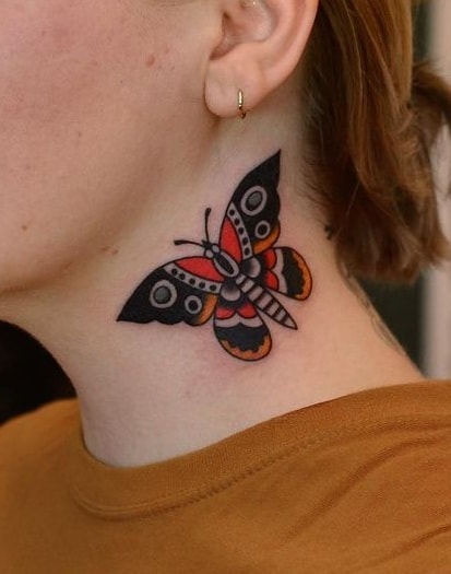 Traditional Butterfly Tattoo on the Neck