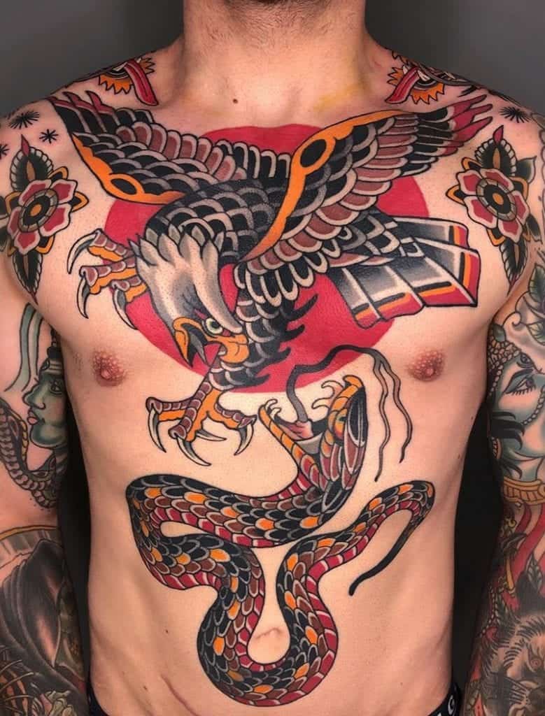 American Traditional Eagle Tattoo and Traditional Snake Tattoo