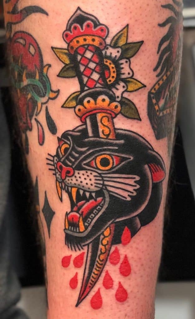 Traditional Panther and Dagger Tattoo