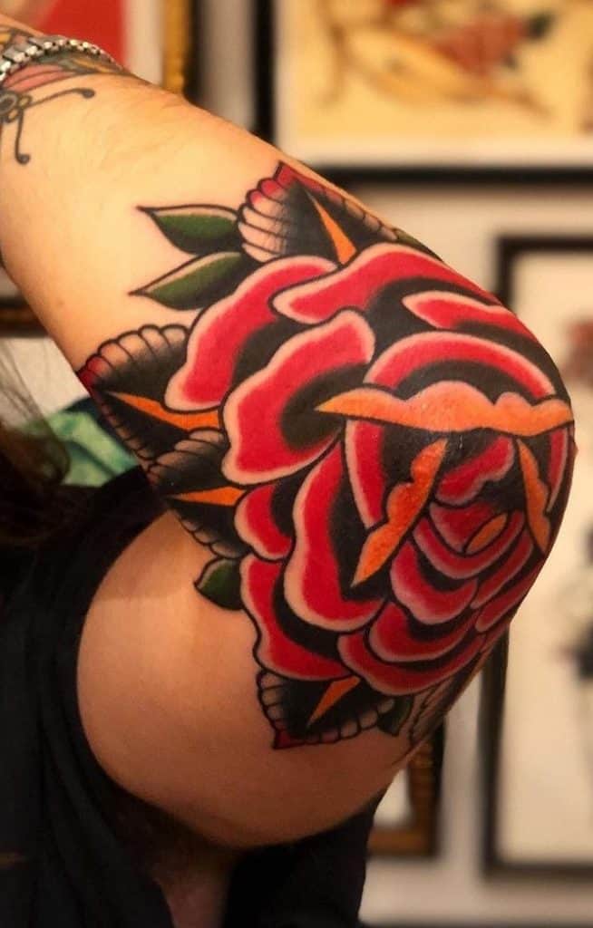 Traditional Rose Elbow Tattoo