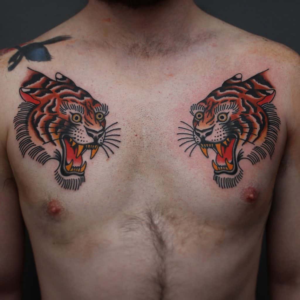 Traditional Tiger Chest Tattoo