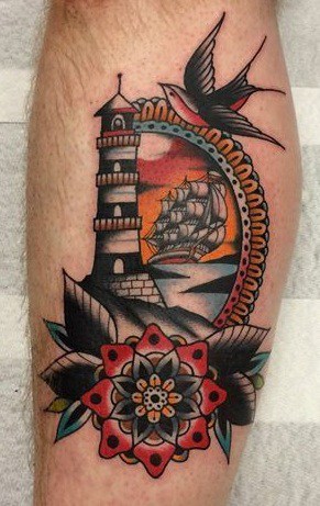 American Traditional Lighthouse and Ship Tattoo