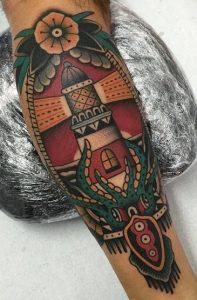 American Traditional Lighthouse Tattoo