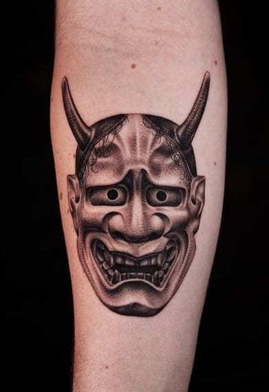 Black and Grey Hannya Mask Tattoo