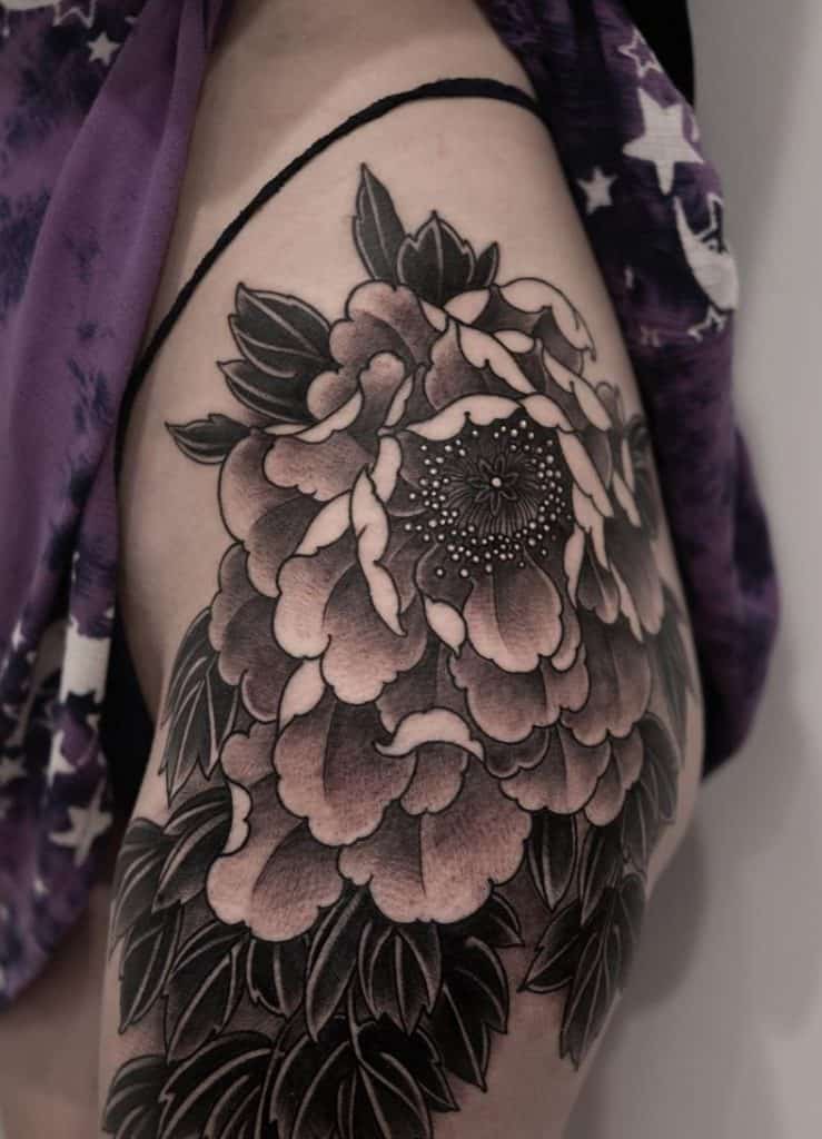 Black and Grey Japanese Flower Tattoo