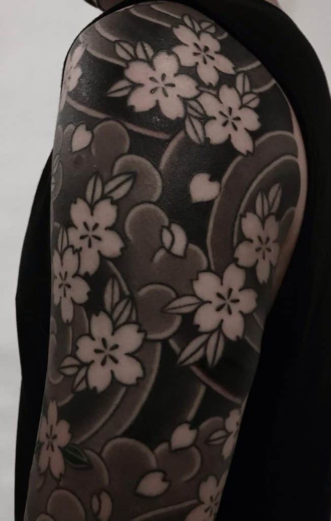 Black and Grey Japanese Flower Tattoo