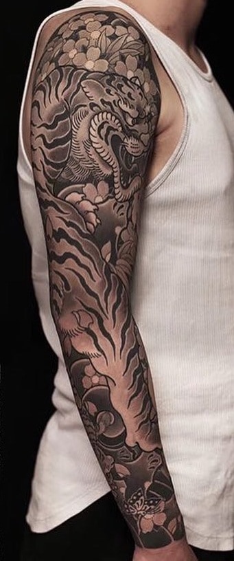 Black and Grey Japanese Tiger Tattoo