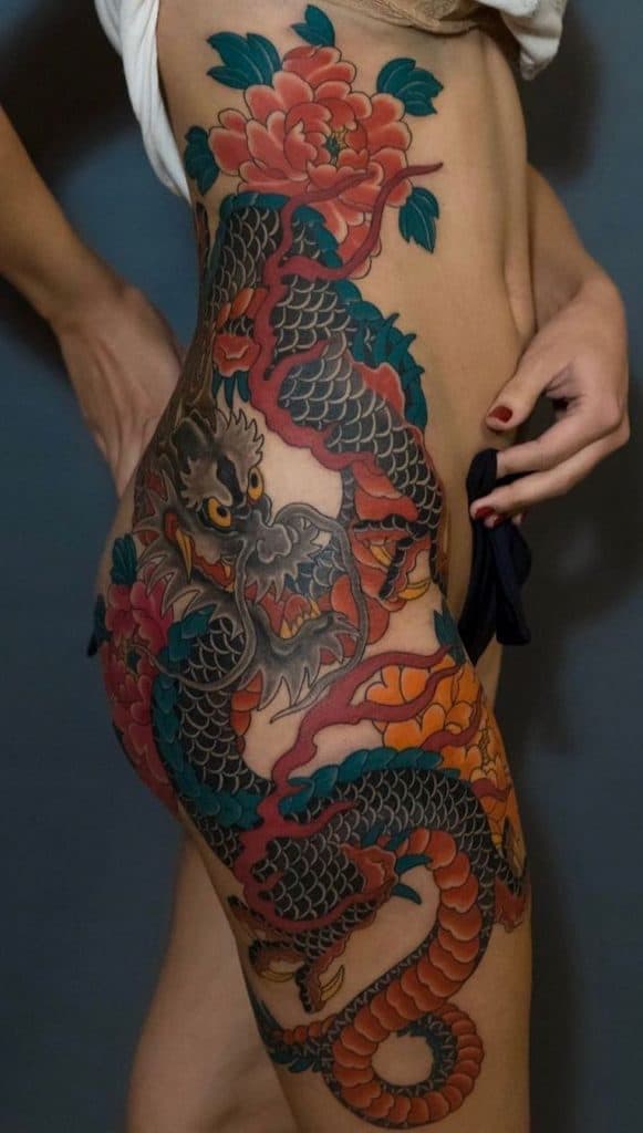 Japanese Dragon and Flower Tattoo