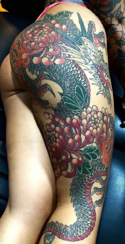 Japanese Dragon and Flower Tattoo