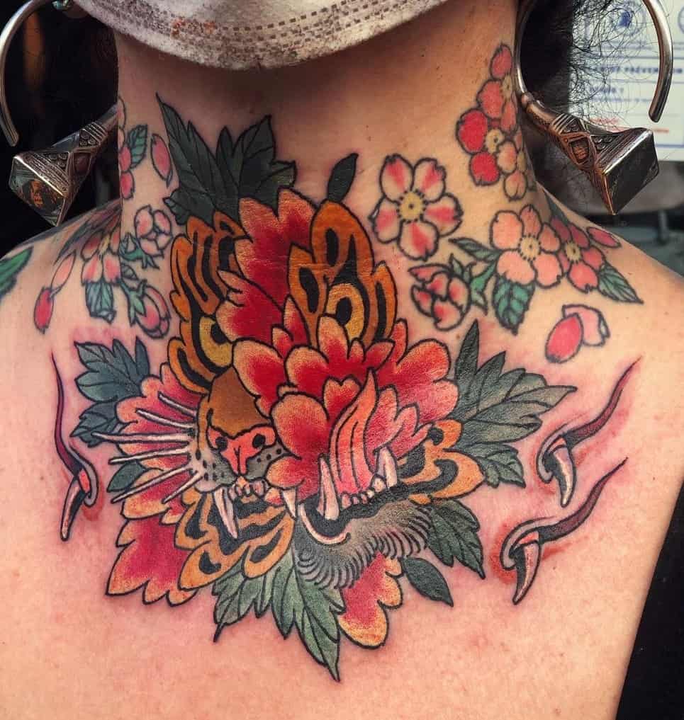 Japanese Flower Neck Tattoo