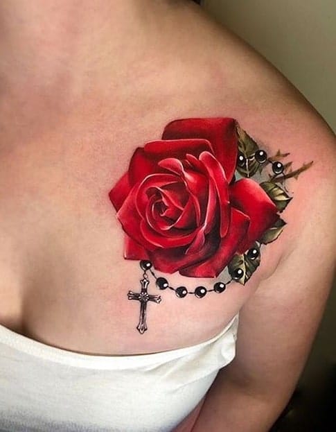 Red Rose with Rosary Tattoo