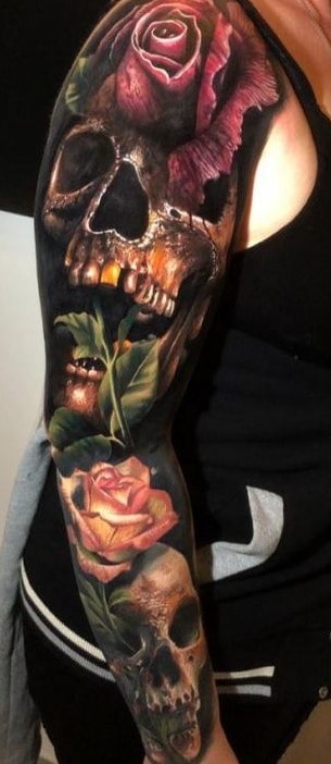 Skull and Rose Tattoo Sleeve