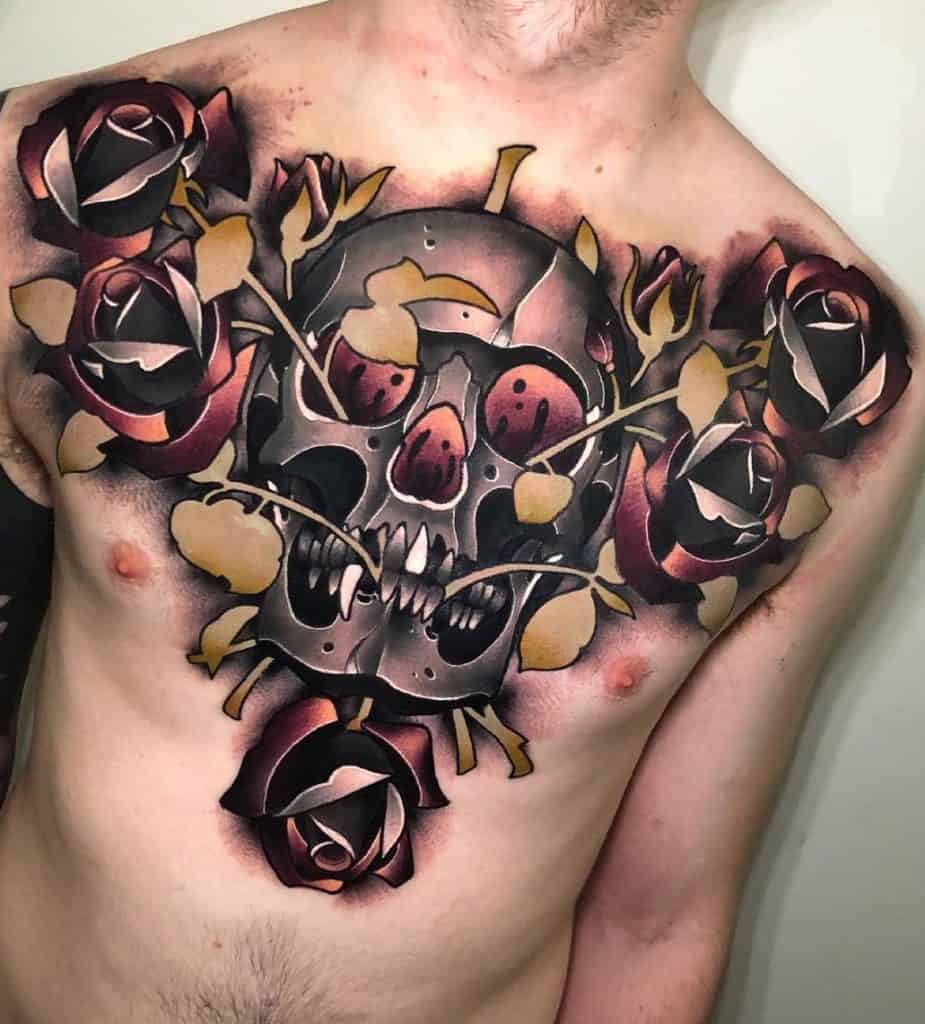 Skull and Rose Tattoo on Chest