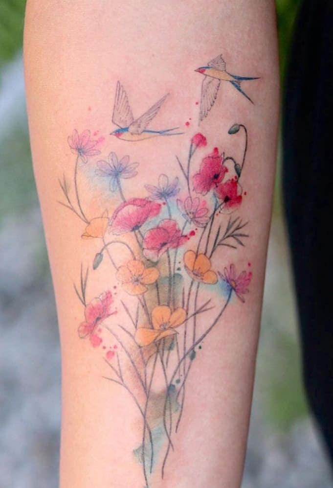 Watercolor Bouquet Flower Tattoo 