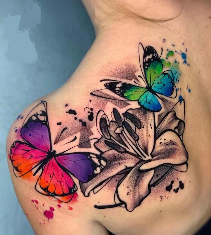 Watercolor Flower and Butterfly Tattoo