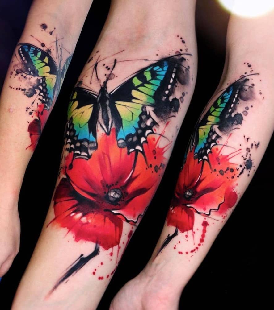 Watercolor Flower and Butterfly Tattoo