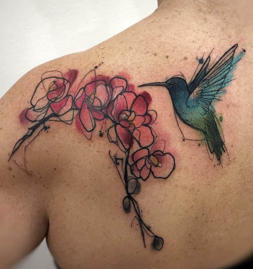 Watercolor Hummingbird and Flower Tattoo