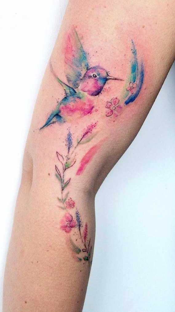 Watercolor Hummingbird and Flower Tattoo