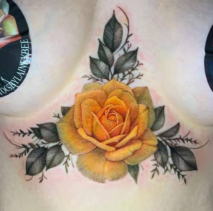 Yellow Rose Sternum Tattoo