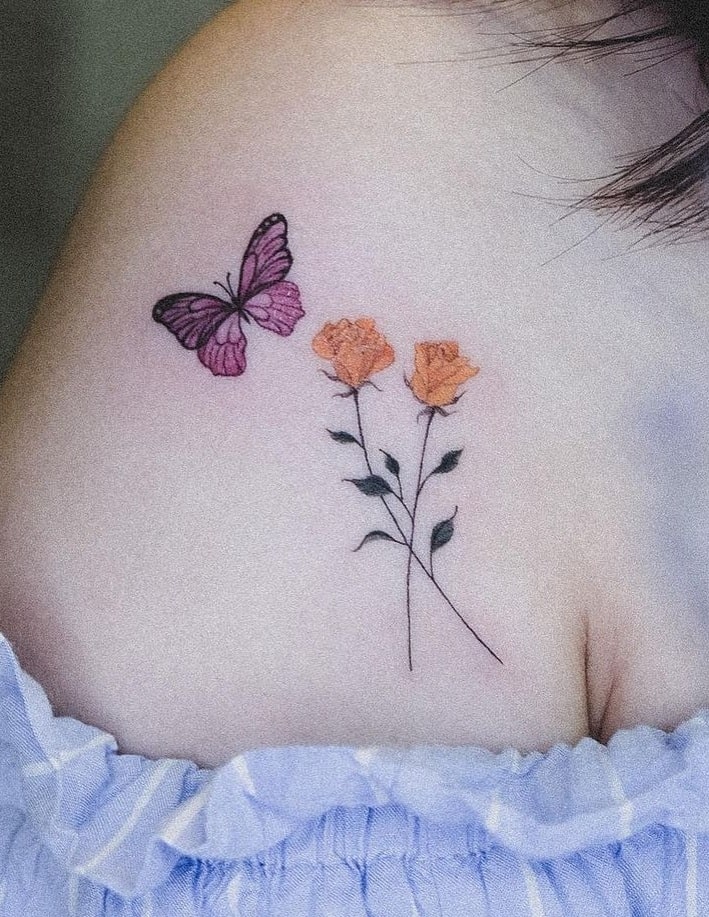 Yellow Rose and Butterfly Tattoo